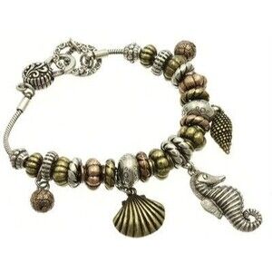Two Tone Seahorse Sea Life Charm Bracelet 7-8" Shells Island Silver Gold Plated